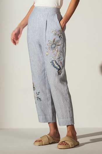 Buy_RANNA GILL_Blue Linen Ella Rara Stripe Pant _Online_at_Aza_Fashions