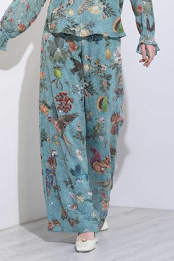 RANNA GILL Green Viscose Georgette Keyhole Neck Fiorella Dolman Shirt And Pant Co-ord Set at Aza Fashions RANNA GILL_Green Viscose Georgette Keyhole Neck Fiorella Dolman Shirt And Pant Co-ord Set _at_Aza_Fashions