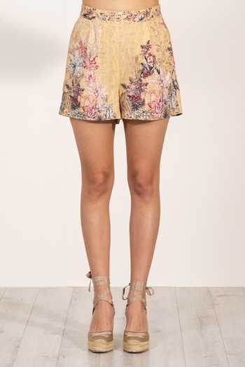 Shop_RANNA GILL_Gold Linen Regina Aurora Print Shorts _Online_at_Aza_Fashions
