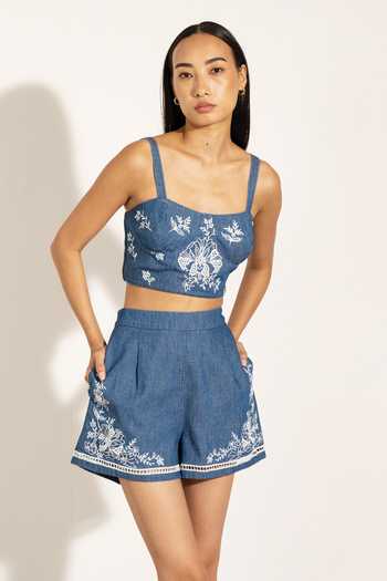 RANNA GILL_Blue Denim Square Neck Ruvo Bustier _at_Aza_Fashions