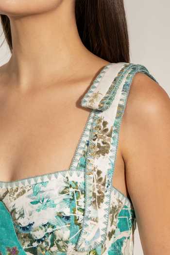 RANNA GILL Green Linen, Viscose Square Neck Celixa Teal Globe Print Sundress Online at Aza Fashions RANNA GILL_Green Linen, Viscose Square Neck Celixa Teal Globe Print Sundress _Online_at_Aza_Fashions