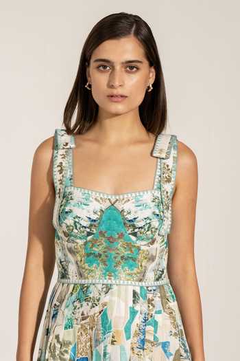 Buy RANNA GILL Green Linen, Viscose Square Neck Celixa Teal Globe Print Sundress Online at Aza Fashions Buy_RANNA GILL_Green Linen, Viscose Square Neck Celixa Teal Globe Print Sundress _Online_at_Aza_Fashions