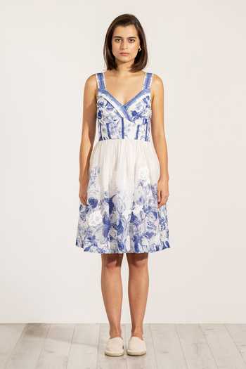 RANNA GILL Blue Organza V-neck Zen Iris Print Sundress Online at Aza Fashions RANNA GILL_Blue Organza V-neck Zen Iris Print Sundress _Online_at_Aza_Fashions