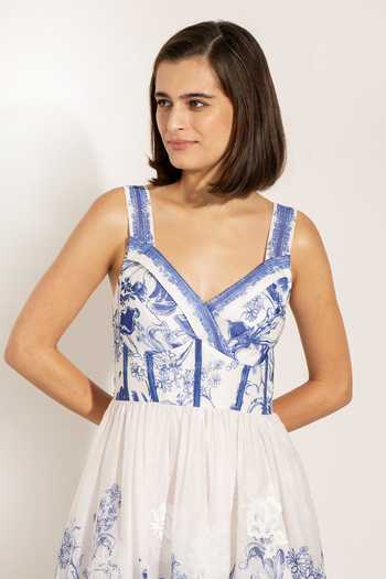 Buy RANNA GILL Blue Organza V-neck Zen Iris Print Sundress Online at Aza Fashions Buy_RANNA GILL_Blue Organza V-neck Zen Iris Print Sundress _Online_at_Aza_Fashions