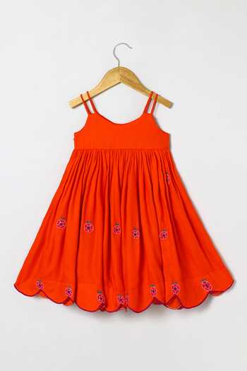 Byb Premium_Orange Cotton Embroidery Dress _Online_at_Aza_Fashions