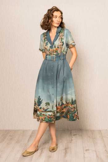 RANNA GILL_Blue Crepe Collared Neck Porto Notch Midi Dress _Online_at_Aza_Fashions