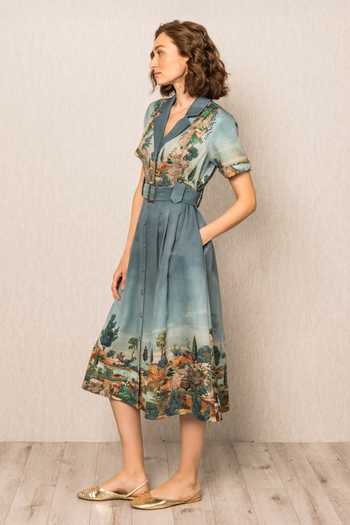 Buy_RANNA GILL_Blue Crepe Collared Neck Porto Notch Midi Dress _Online_at_Aza_Fashions