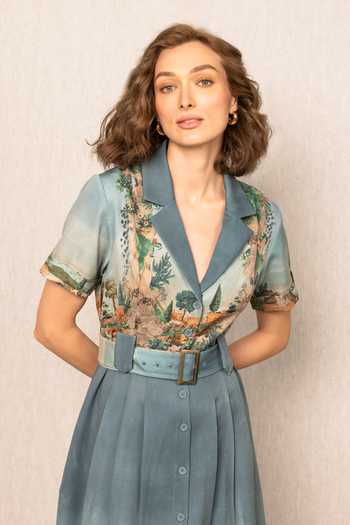 Shop_RANNA GILL_Blue Crepe Collared Neck Porto Notch Midi Dress _Online_at_Aza_Fashions