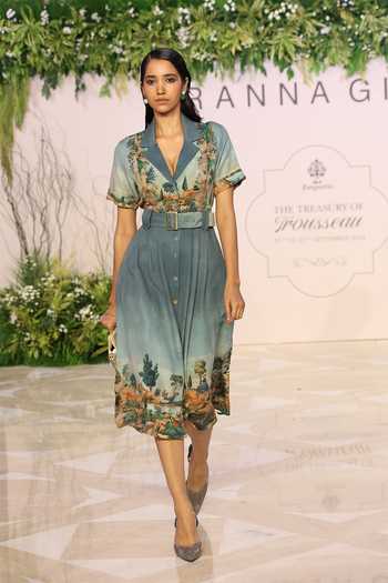RANNA GILL_Blue Crepe Collared Neck Porto Notch Midi Dress _at_Aza_Fashions