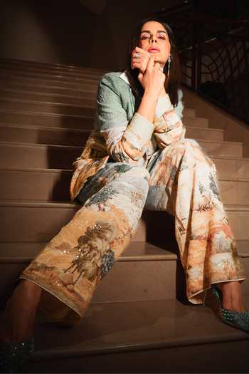 RANNA GILL_Blue Viscose Georgette Parma Tuscany Print Wide Leg Pant _Online_at_Aza_Fashions
