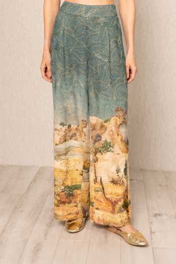 RANNA GILL_Blue Viscose Georgette Parma Tuscany Print Wide Leg Pant _at_Aza_Fashions