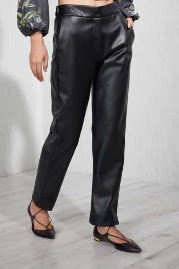 RANNA GILL_Black Faux Leather Jane Straight Leg Pant _Online_at_Aza_Fashions
