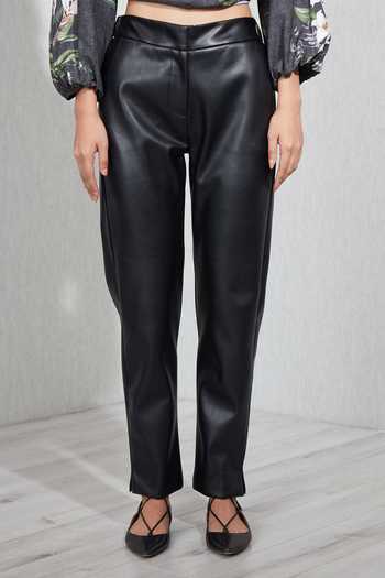 Shop_RANNA GILL_Black Faux Leather Jane Straight Leg Pant _Online_at_Aza_Fashions