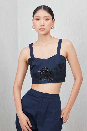 RANNA GILL Blue Cotton, Twill Sweetheart Neck Tammie Applique Work Bustier Online at Aza Fashions RANNA GILL_Blue Cotton, Twill Sweetheart Neck Tammie Applique Work Bustier _Online_at_Aza_Fashions