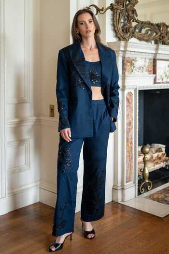 RANNA GILL Blue Cotton, Twill Amara Applique Embroidered Jacket Online at Aza Fashions RANNA GILL_Blue Cotton, Twill Amara Applique Embroidered Jacket _Online_at_Aza_Fashions