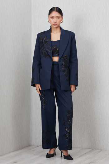 Shop RANNA GILL Blue Cotton, Twill Amara Applique Embroidered Jacket Online at Aza Fashions Shop_RANNA GILL_Blue Cotton, Twill Amara Applique Embroidered Jacket _Online_at_Aza_Fashions