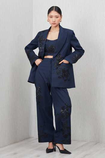 RANNA GILL Blue Cotton, Twill Amara Applique Embroidered Jacket at Aza Fashions RANNA GILL_Blue Cotton, Twill Amara Applique Embroidered Jacket _at_Aza_Fashions