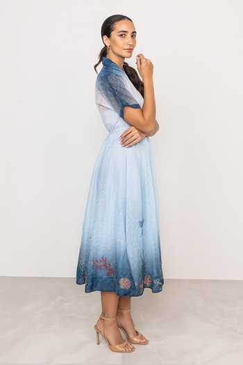RANNA GILL Blue Linen Collared Neck Selina Ombre Midi Dress Online at Aza Fashions RANNA GILL_Blue Linen Collared Neck Selina Ombre Midi Dress _Online_at_Aza_Fashions