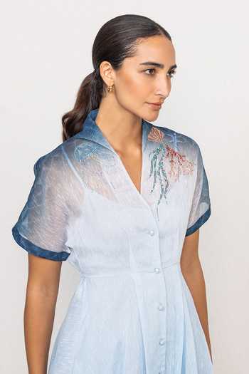 Buy RANNA GILL Blue Linen Collared Neck Selina Ombre Midi Dress Online at Aza Fashions Buy_RANNA GILL_Blue Linen Collared Neck Selina Ombre Midi Dress _Online_at_Aza_Fashions