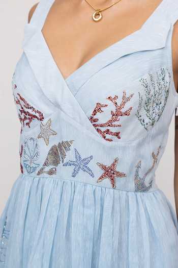 RANNA GILL Blue Linen V-neck Cressa Strap Mini Ombre Online at Aza Fashions RANNA GILL_Blue Linen V-neck Cressa Strap Mini Ombre _Online_at_Aza_Fashions