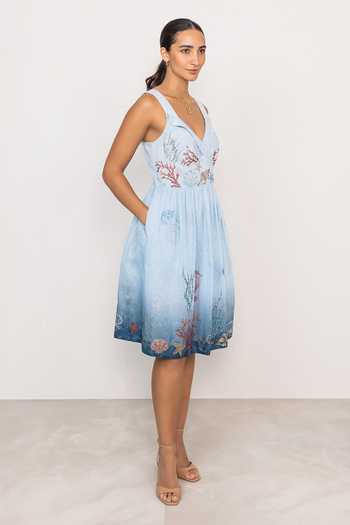 Buy RANNA GILL Blue Linen V-neck Cressa Strap Mini Ombre Online at Aza Fashions Buy_RANNA GILL_Blue Linen V-neck Cressa Strap Mini Ombre _Online_at_Aza_Fashions