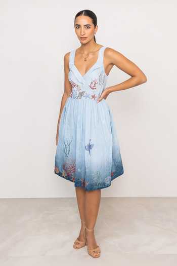 RANNA GILL Blue Linen V-neck Cressa Strap Mini Ombre at Aza Fashions RANNA GILL_Blue Linen V-neck Cressa Strap Mini Ombre _at_Aza_Fashions