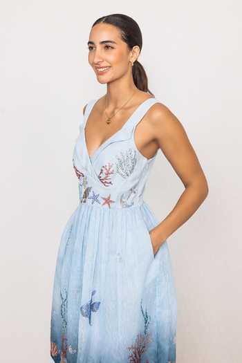 Buy RANNA GILL Blue Linen V-neck Cressa Strap Mini Ombre Buy_RANNA GILL_Blue Linen V-neck Cressa Strap Mini Ombre