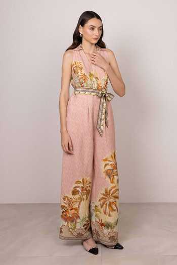 RANNA GILL_Multi Color Linen, Viscose V-neck Ariel Costa Rica Print Jumpsuit _Online_at_Aza_Fashions