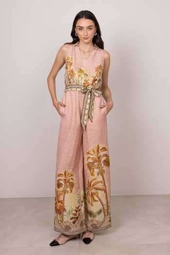 Buy_RANNA GILL_Multi Color Linen, Viscose V-neck Ariel Costa Rica Print Jumpsuit _Online_at_Aza_Fashions