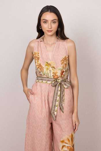 Shop_RANNA GILL_Multi Color Linen, Viscose V-neck Ariel Costa Rica Print Jumpsuit _Online_at_Aza_Fashions