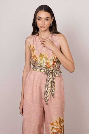 RANNA GILL_Multi Color Linen, Viscose V-neck Ariel Costa Rica Print Jumpsuit _at_Aza_Fashions
