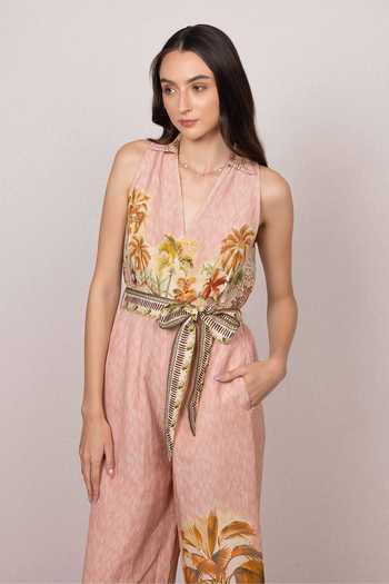 Buy_RANNA GILL_Multi Color Linen, Viscose V-neck Ariel Costa Rica Print Jumpsuit 