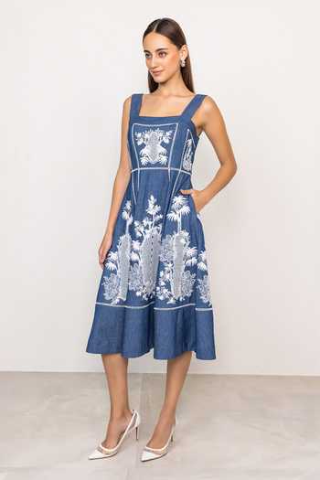 Buy_RANNA GILL_Blue Denim Square Neck Odette Panel Midi Dress _Online_at_Aza_Fashions