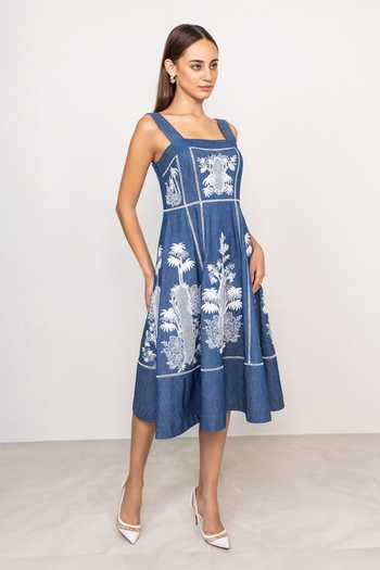 Shop_RANNA GILL_Blue Denim Square Neck Odette Panel Midi Dress _Online_at_Aza_Fashions