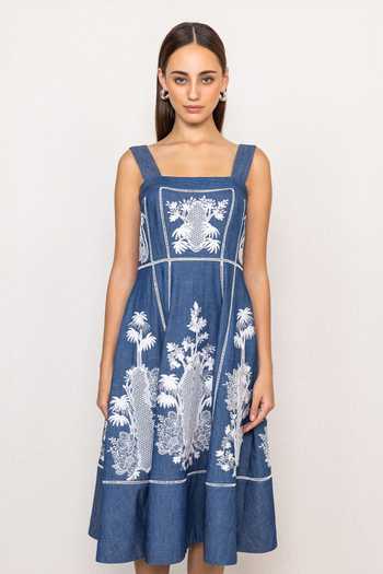RANNA GILL_Blue Denim Square Neck Odette Panel Midi Dress _at_Aza_Fashions