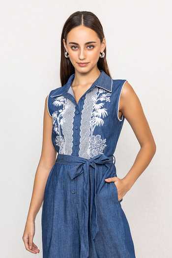 Buy RANNA GILL Blue Denim Collared Neck Odile Sleeveless Jumpsuit Online at Aza Fashions Buy_RANNA GILL_Blue Denim Collared Neck Odile Sleeveless Jumpsuit _Online_at_Aza_Fashions