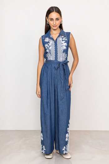 Shop RANNA GILL Blue Denim Collared Neck Odile Sleeveless Jumpsuit Online at Aza Fashions Shop_RANNA GILL_Blue Denim Collared Neck Odile Sleeveless Jumpsuit _Online_at_Aza_Fashions