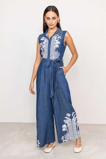RANNA GILL Blue Denim Collared Neck Odile Sleeveless Jumpsuit at Aza Fashions RANNA GILL_Blue Denim Collared Neck Odile Sleeveless Jumpsuit _at_Aza_Fashions