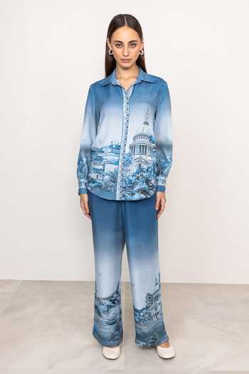 RANNA GILL Blue Linen, Viscose Collared Neck Misty Rome Print Button Down Shirt Online at Aza Fashions RANNA GILL_Blue Linen, Viscose Collared Neck Misty Rome Print Button Down Shirt _Online_at_Aza_Fashions