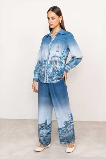 Buy RANNA GILL Blue Linen, Viscose Collared Neck Misty Rome Print Button Down Shirt Online at Aza Fashions Buy_RANNA GILL_Blue Linen, Viscose Collared Neck Misty Rome Print Button Down Shirt _Online_at_Aza_Fashions
