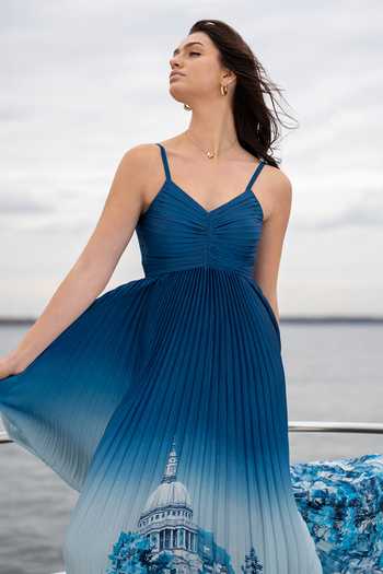 Buy RANNA GILL Blue Satin, Polyester V-neck Comet Rome Print Pleated Maxi Dress Online at Aza Fashions Buy_RANNA GILL_Blue Satin, Polyester V-neck Comet Rome Print Pleated Maxi Dress _Online_at_Aza_Fashions