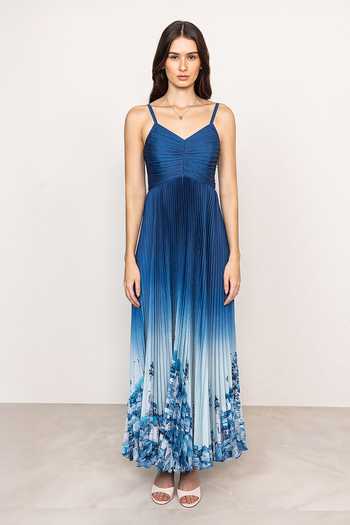 RANNA GILL Blue Satin, Polyester V-neck Comet Rome Print Pleated Maxi Dress at Aza Fashions RANNA GILL_Blue Satin, Polyester V-neck Comet Rome Print Pleated Maxi Dress _at_Aza_Fashions
