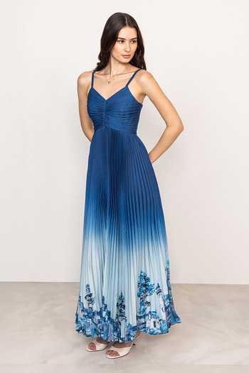 Buy RANNA GILL Blue Satin, Polyester V-neck Comet Rome Print Pleated Maxi Dress Buy_RANNA GILL_Blue Satin, Polyester V-neck Comet Rome Print Pleated Maxi Dress