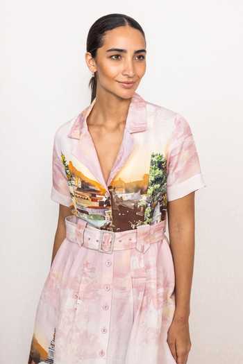 RANNA GILL Pink Linen, Viscose Via Notch Collar Midi Dress Online at Aza Fashions RANNA GILL_Pink Linen, Viscose Via Notch Collar Midi Dress _Online_at_Aza_Fashions