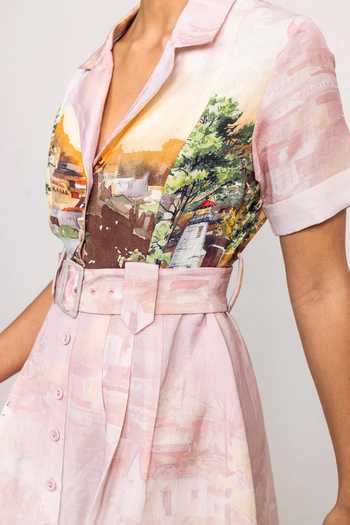 Shop RANNA GILL Pink Linen, Viscose Via Notch Collar Midi Dress Online at Aza Fashions Shop_RANNA GILL_Pink Linen, Viscose Via Notch Collar Midi Dress _Online_at_Aza_Fashions