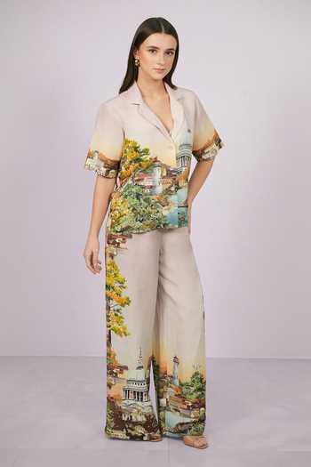 Shop RANNA GILL Pink Linen, Viscose V-neck Ravena Notch Collar Shirt And Pant Set Online at Aza Fashions Shop_RANNA GILL_Pink Linen, Viscose V-neck Ravena Notch Collar Shirt And Pant Set _Online_at_Aza_Fashions