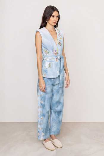 RANNA GILL_Multi Color Denim Plunge Neck Rafia Printed Waist Coat _Online_at_Aza_Fashions