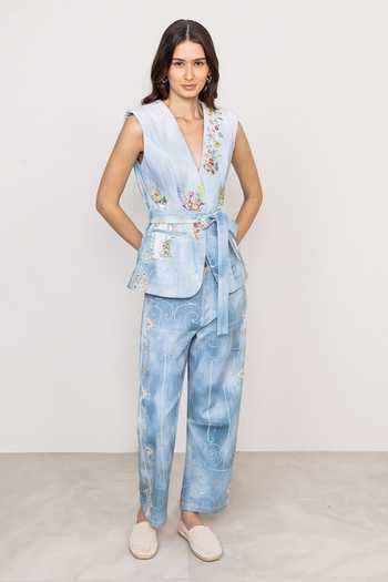 Buy_RANNA GILL_Multi Color Denim Plunge Neck Rafia Printed Waist Coat _Online_at_Aza_Fashions