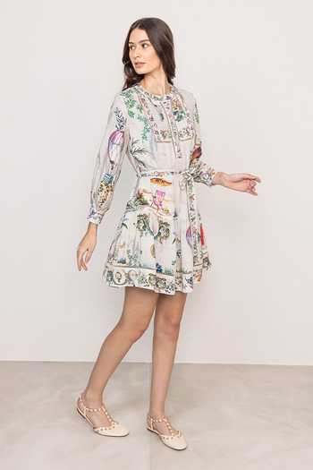Shop RANNA GILL Grey Linen, Viscose Round Neck Tern Pleated Yoke Mini Dress Online at Aza Fashions Shop_RANNA GILL_Grey Linen, Viscose Round Neck Tern Pleated Yoke Mini Dress _Online_at_Aza_Fashions