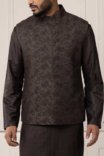 Buy POONAM KASERA Brown Silk, Dupion Embroidery Graphite Bundi Set Buy_POONAM KASERA_Brown Silk, Dupion Embroidery Graphite Bundi Set